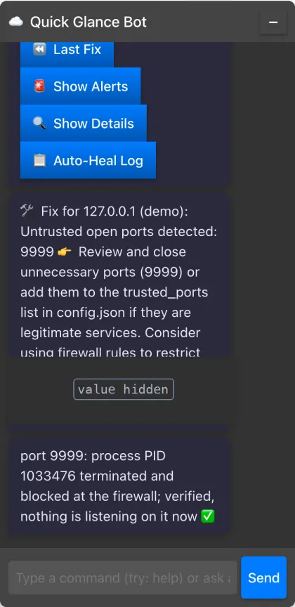 The operator assistant panel inside the CyberSentry dashboard, answering a question about the port fix: process terminated, port blocked at the firewall, nothing listening on it now. A confidence value is covered.