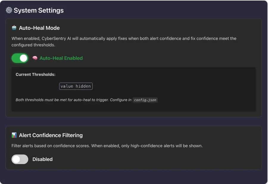 System settings showing the Auto-Heal Mode switch turned on and a hidden threshold box, and Alert Confidence Filtering switched off.
