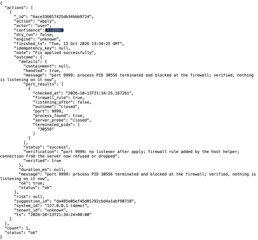 The audit record of this fix, from the product's JSON export: action apply, actor user, finished 13:34:25 GMT, port 9999 closed with the process terminated, the verification text and verified true, recorded at 21:34:24 local time (UTC+8). The confidence value is covered.