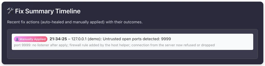 Fix Summary Timeline entry marked Manually Applied, 21:34:25, for untrusted open ports 9999 on the lab host.